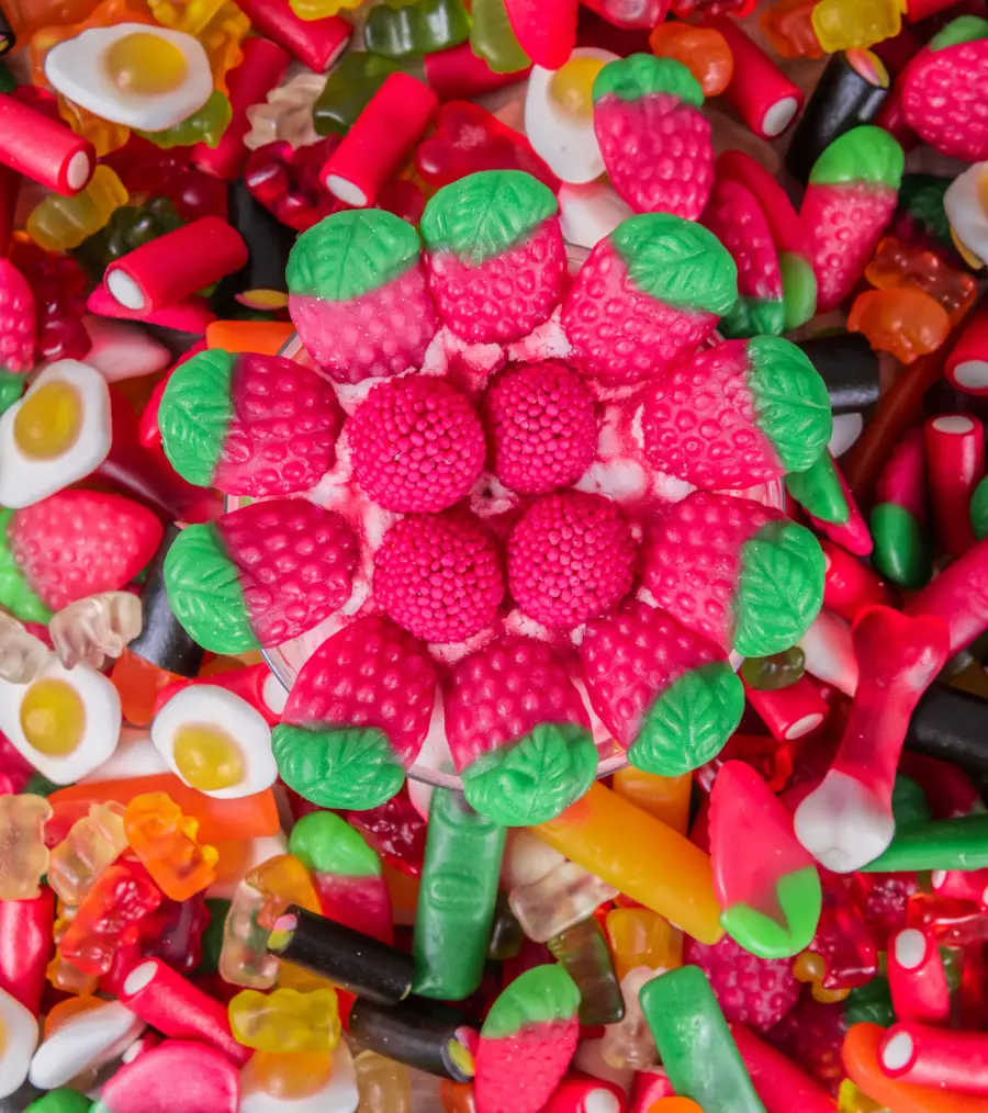 top view of gummy candies with fruit flavor